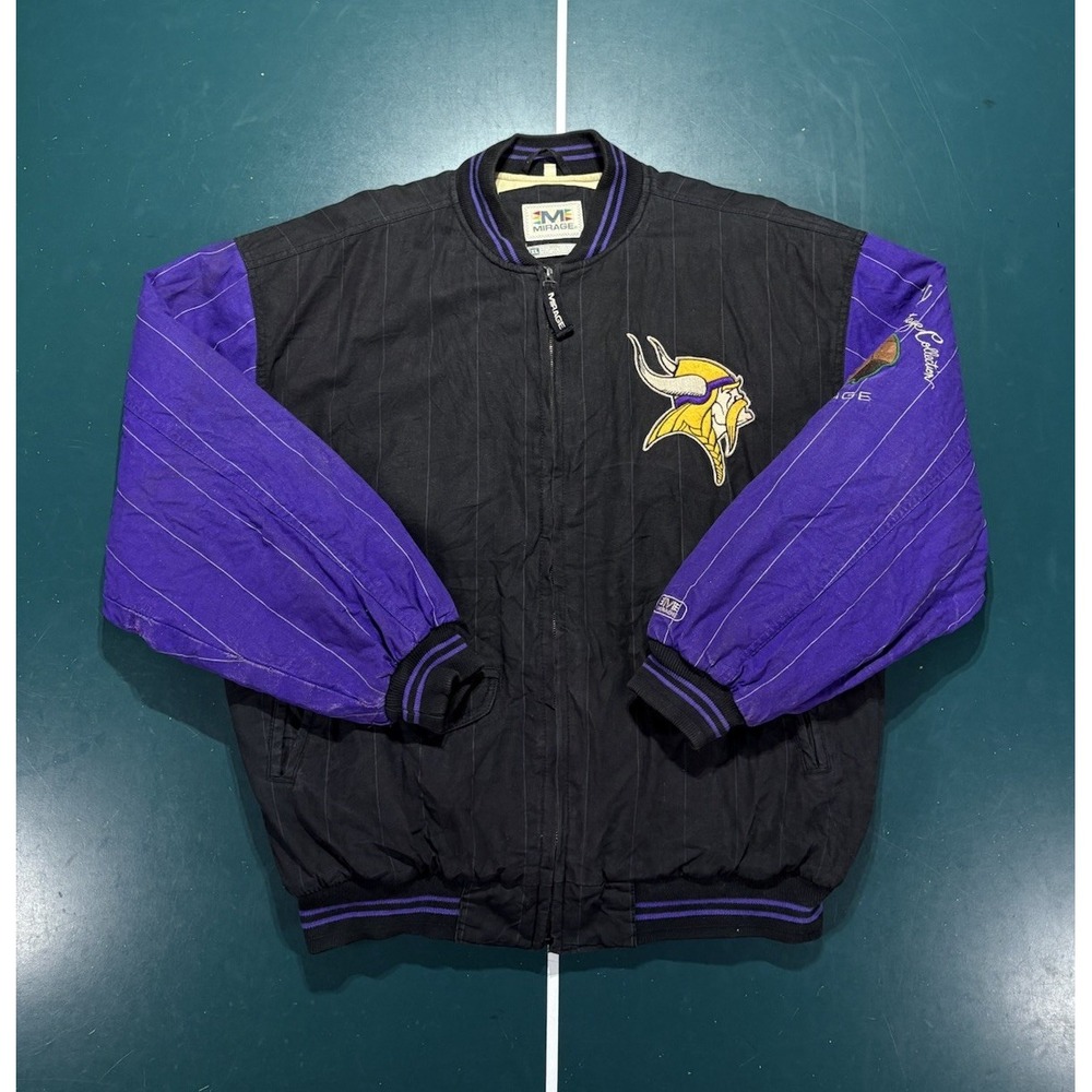 VTG 90s Mirage Minnesota Vikings Pinstripe Bomber Jacket NFL Throwbacks Mens XL